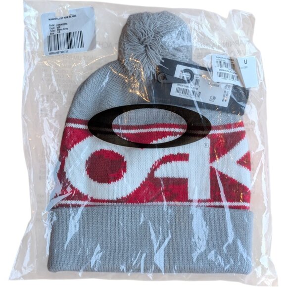 Oakley Adult Pom Beanie Wanderlust Grey/Red Snowboarding Ski Winter Snowboard Ho - Picture 3 of 4